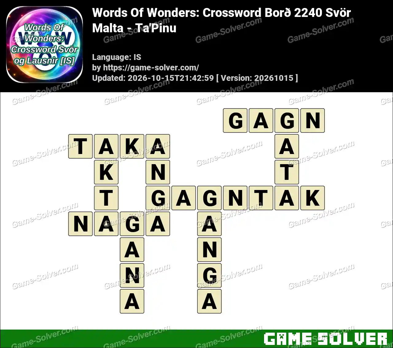 Words Of Wonders: Crossword Borð 2240 Svör – Malta – Ta’Pinu